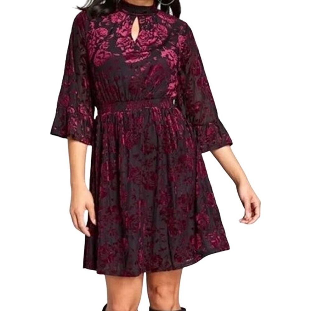 Modcloth Very Visionary Velvet Roses Floral Burnout Dress Mock Ruffle Sleeve S